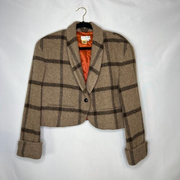 VTG Womans Alfred Sung Sport Wool Mohair Cropped Blazer Brown Tan Checker Sz 4 - Picture 1 of 11